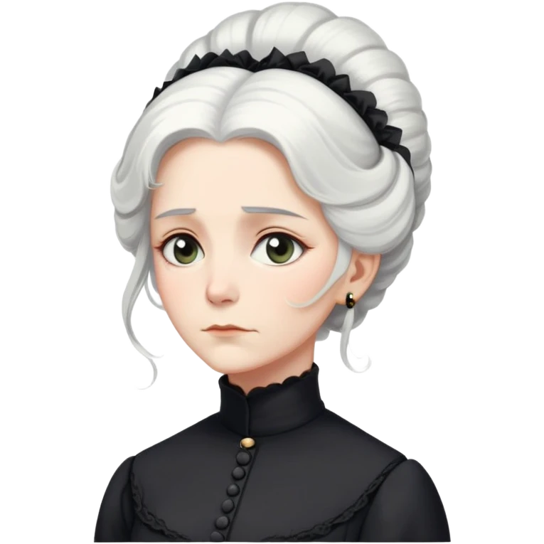 A Victorian woman with elegant coiffed white hair and light eyes wearing a modest unadorned black turtleneck mourning dress looking down with a forlorn expression emoji