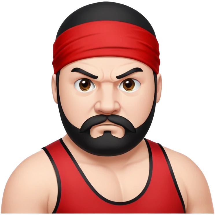 Close-up of extremely fat white skin guy with young face, prominent BLACK DURAG tied clearly on head, distinct black beard and mustache, no muscle, black eyes in a red and black wrestling singlet with angry face emoji