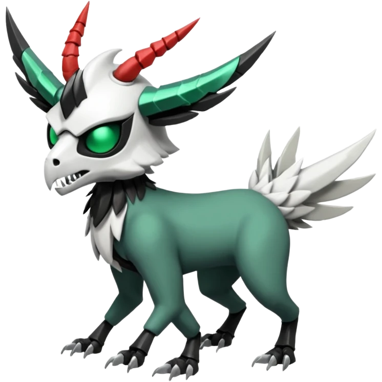 Shiny Cute Cool Badass Aesthetic Colorful Futuristic Black Grey White and Dark-Green Trico-Skarmory-Silvally-Skiddo-Sprigatito-Absol-fusion (full body) with and edgy white horned skull mask face emoji