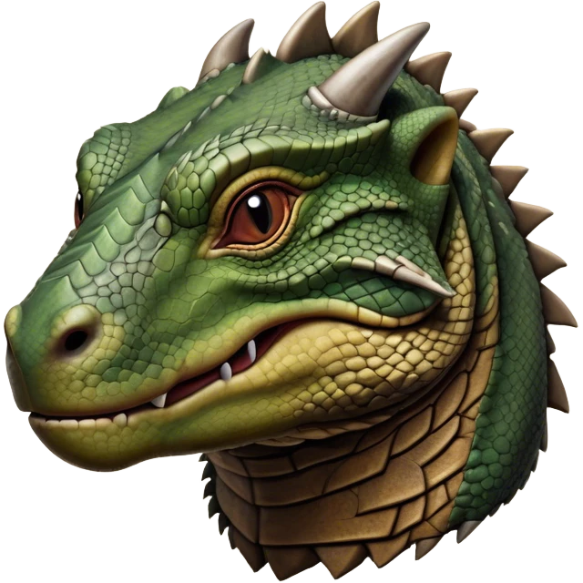 Cinematic Realistic Noble Komodo Dragon Portrait Emoji, Poised and imposing, with a massive, rugged build and a weathered, intricately scaled hide in earthy olive and dark tones, a distinct, powerful head with sharply defined features and piercing eyes, rendered in lifelike detail with natural texture and shadow, high shine, intelligent and formidable, styled with an air of ancient reptilian authority, focused and attentive, soft glowing outline, capturing the essence of a watchful and commanding Komodo dragon that appears ready to emerge from the screen with raw power! emoji