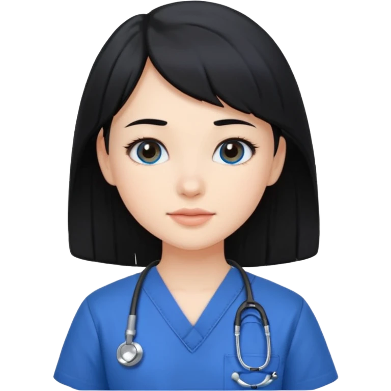 pale beautiful girl with black hair, side swept bangs in scrubs emoji