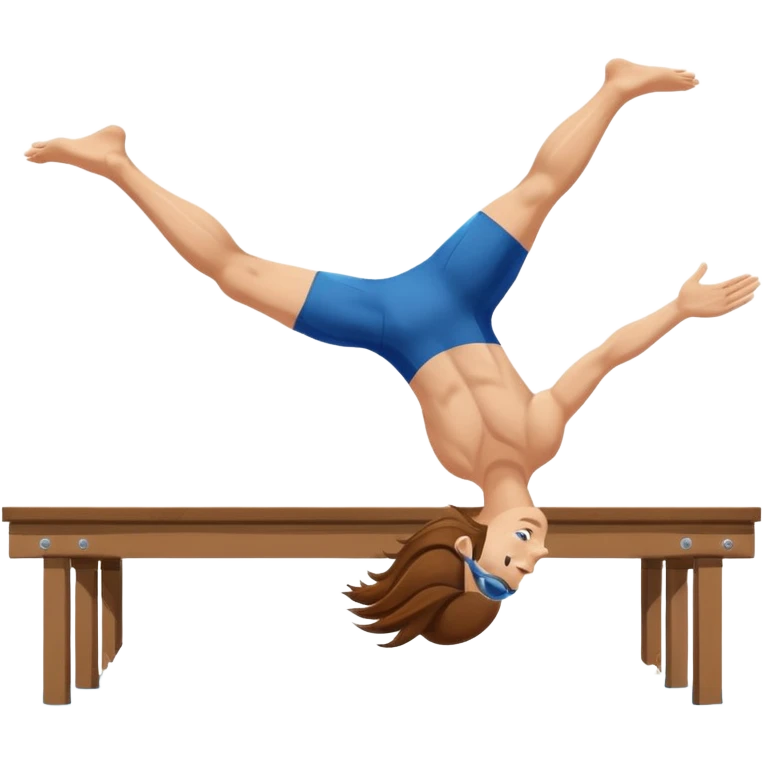 A swimmer is about to dive into the pool. She is in the pose of diving in the air with the hands above the head. Her hair are brown and long. she jumps from a plank emoji
