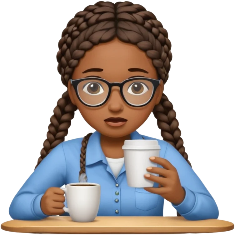 Make a black female software engineer with glasses  and braids coding, crying and drinking coffee. Should be crying  emoji