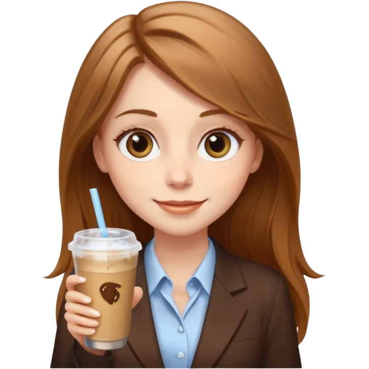 Women in front of laptop with a happy face, long light brown hair, light brown big eyes, light pale skin with a iced coffee on the side, business attire emoji