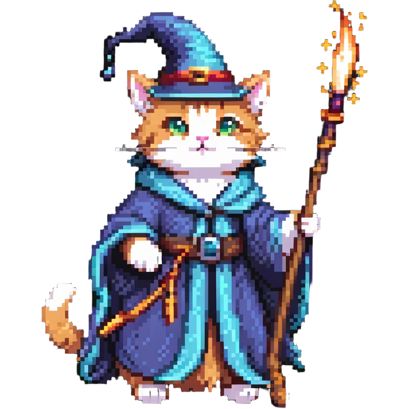 A cat wizard casting a spell with magical staff and flowing robes emoji