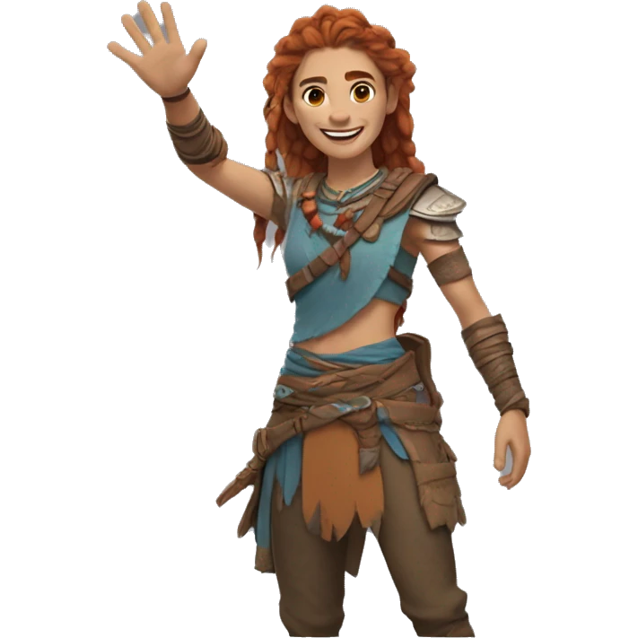 Aloy, waving goodbye, with one hand who has five fingers, half-length, smiling emoji