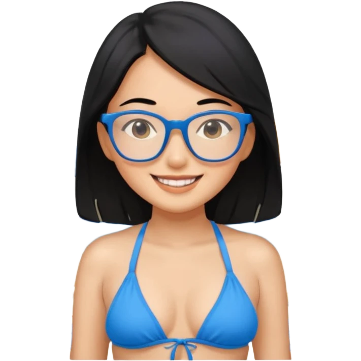 asian woman with black hair with glasses wearing a blue bikini at the beach emoji