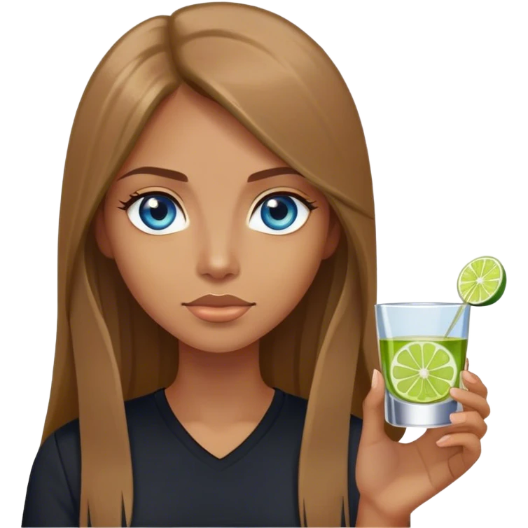 tan woman, black shirt, long light brown straight hair, grey blue eyes, holding a shot with lime emoji