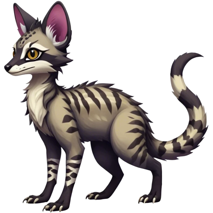 Feral Rare Fantasy dark colorful Vernid-Sergal-Genet-Trico-species by LiLaiRa, random markings, tufted tail, tufted ears, full body emoji