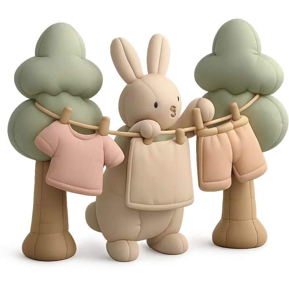a bunny hanging laundry between trees, calming domestic forest feel, soft pastel colors emoji