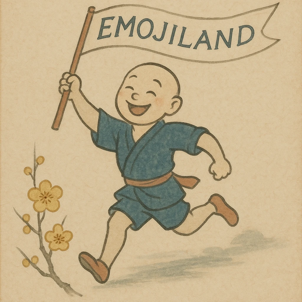 happy runner waving a flag that says 'emojiland' emoji