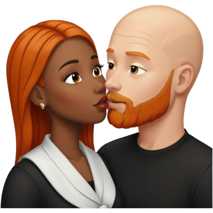 White bald man with ginger orange facial hair and beard kissing black women with long black hair with brown highlights  emoji