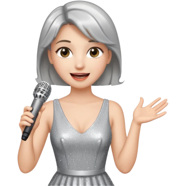 A female singer in sparkling dress holding a mic with emotional expression emoji