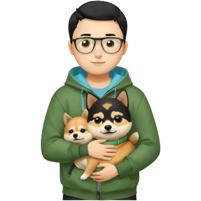A yellow skin boy, black hair, buzzcut hairstyle, wearing tortoiseshell eyeglasses, green hoodie with zippers, light blue shirt inside, black trousers, black belt, hugging a very cute little black shiba inu emoji