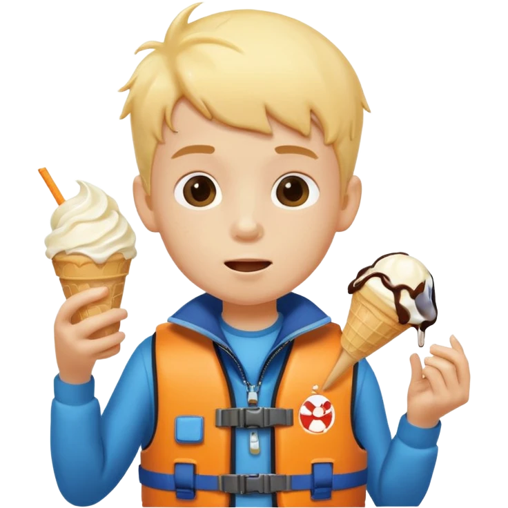 boy kid wearing lifejacket, eating ice cream emoji
