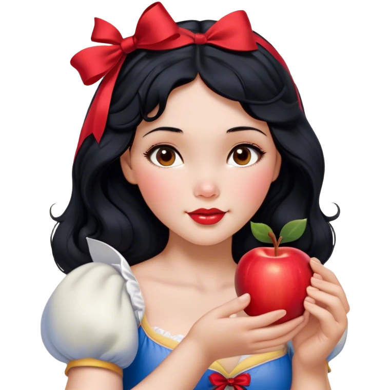 Cinematic Realistic Snow White Portrait, depicted with lifelike skin texture, soft natural lighting, and intricately detailed black hair styled with a red ribbon. Her soft brown eyes radiate innocence and kindness, complemented by a warm, gentle smile. She holds an apple in one hand, her other hand resting against her cheek, embodying her purity and charm. She is dressed in her classic yellow, blue, and red gown, the fabric rich in texture with delicate folds that catch the light beautifully. The portrait features a soft, natural glow with a radiant finish, capturing the essence of timeless beauty in a realistic and painterly style. emoji