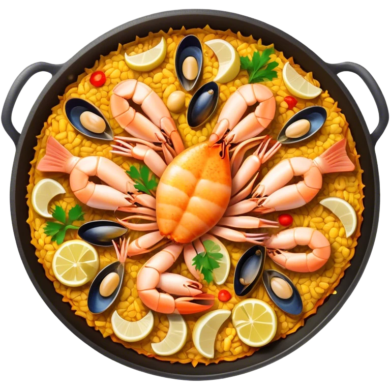 Cinematic Realistic Paella Dish Emoji, depicted as a vibrant, aromatic rice dish loaded with seafood, chicken, and saffron rendered with rich textures and dynamic, warm lighting. emoji