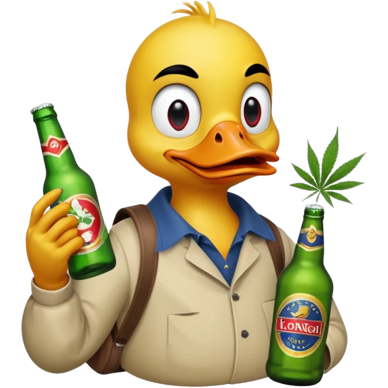 Drunk and high duck animal holding wĺeed bottle and a bag of weed. Looking really drunk emoji