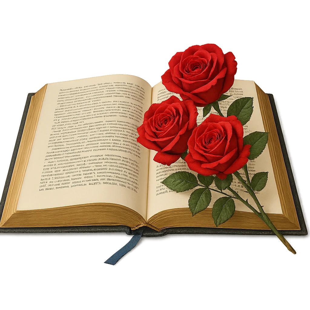 Open book with red roses, gold page edges, black text, blue ribbon, elegant literary style emoji