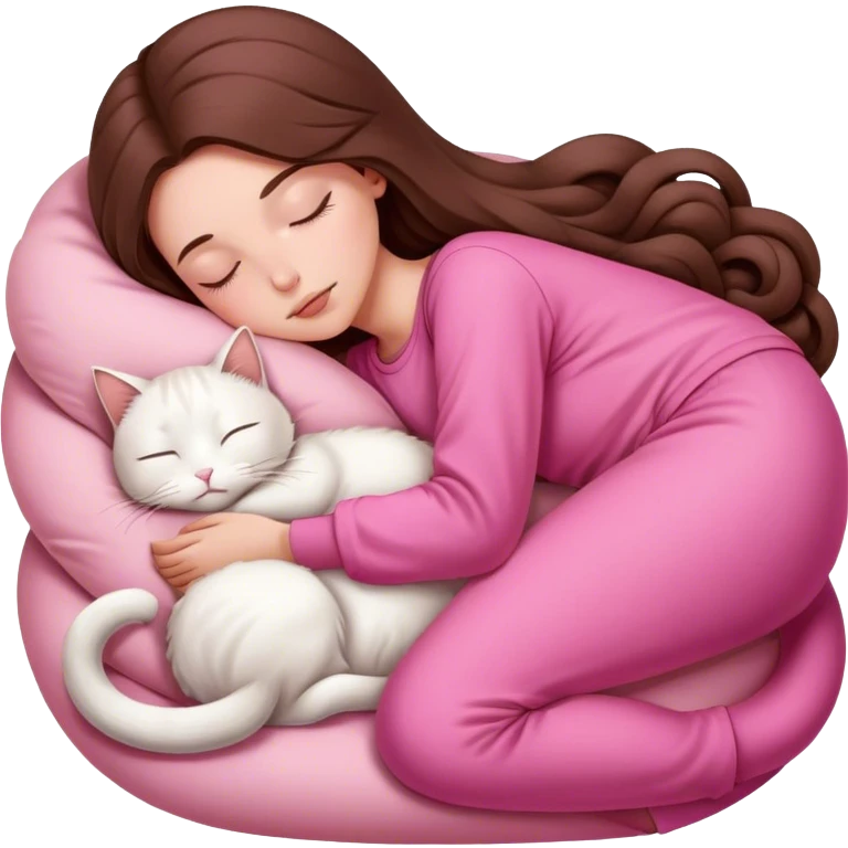 A pretty white girl with very long brown hair and pink clothing sleeping curled up to a white cat  emoji