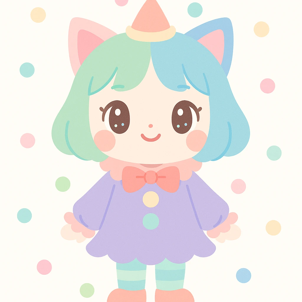 asian girl with cat ears, dressed like a clown, green and blue colored hair, cute and appealing style emoji