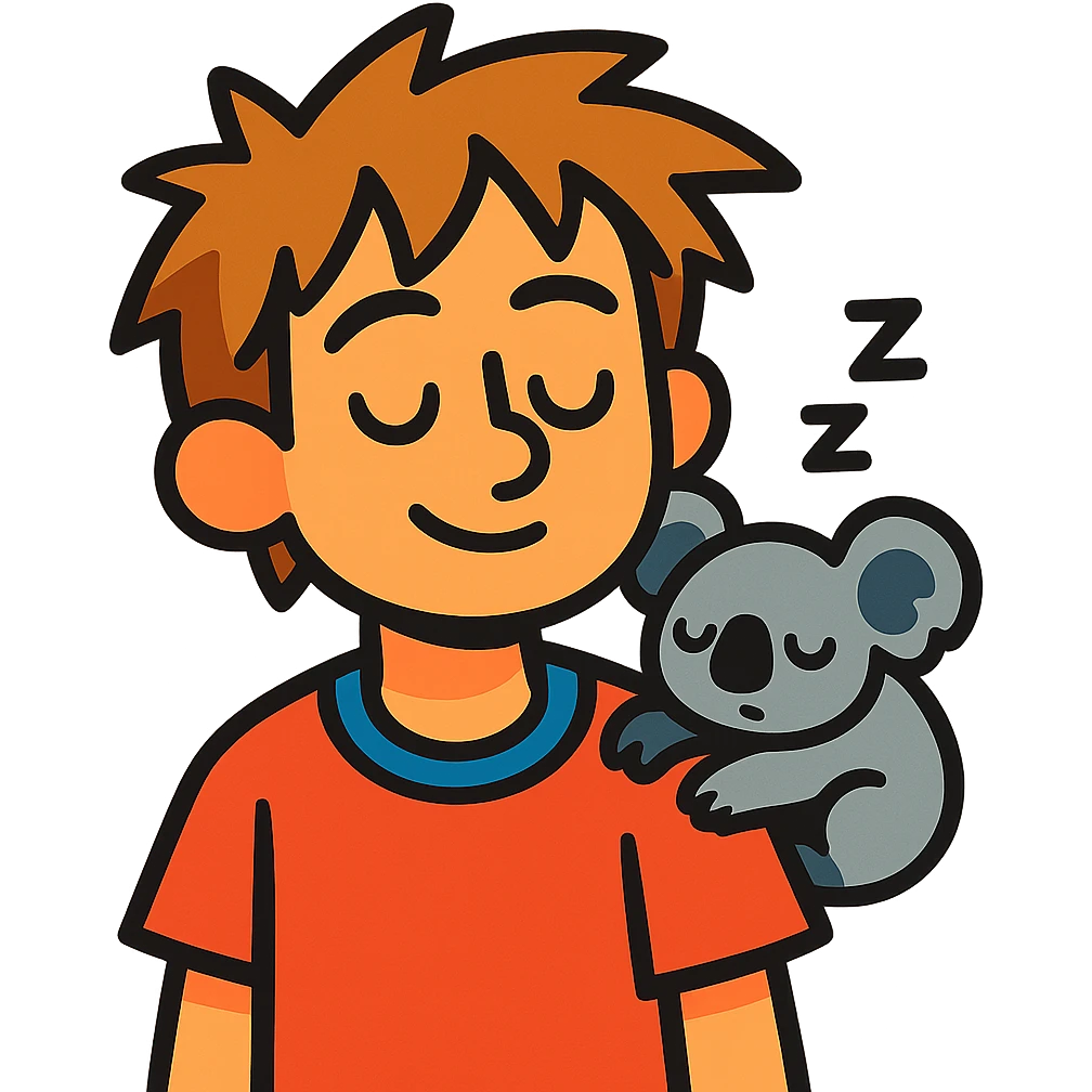 light brown messy haired boy with a very small sleepy koala on his shoulder, vibrant toon style emoji