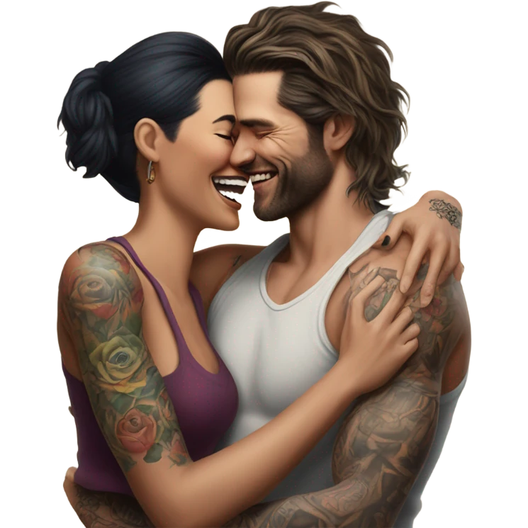 Hyper Realistic beautiful woman in the arms of a very handsome tattooed man laughing  emoji