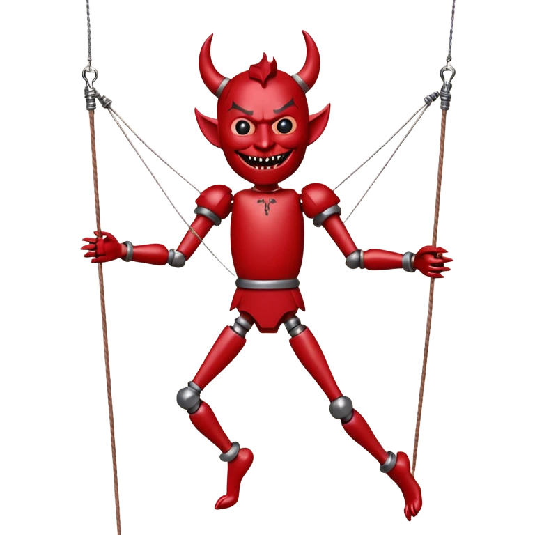 3D render of Devil Puppet as a wooden marionette puppet, Red painted wood, strings, silver metal screw joints at elbows and knees, polished brown wood texture, rigid toy pose, emoji style, isolated on white background --v 6.0. emoji