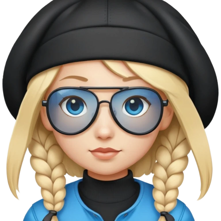 girl with pigtailed blond hair
with blue eyes and aviator sunglasses

wearing a black plain beanie emoji