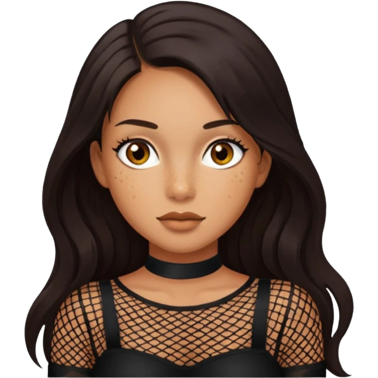 Tan skin with freckles, long dark hair, hazel eyes Dominatrix with black fishnet stockings  emoji