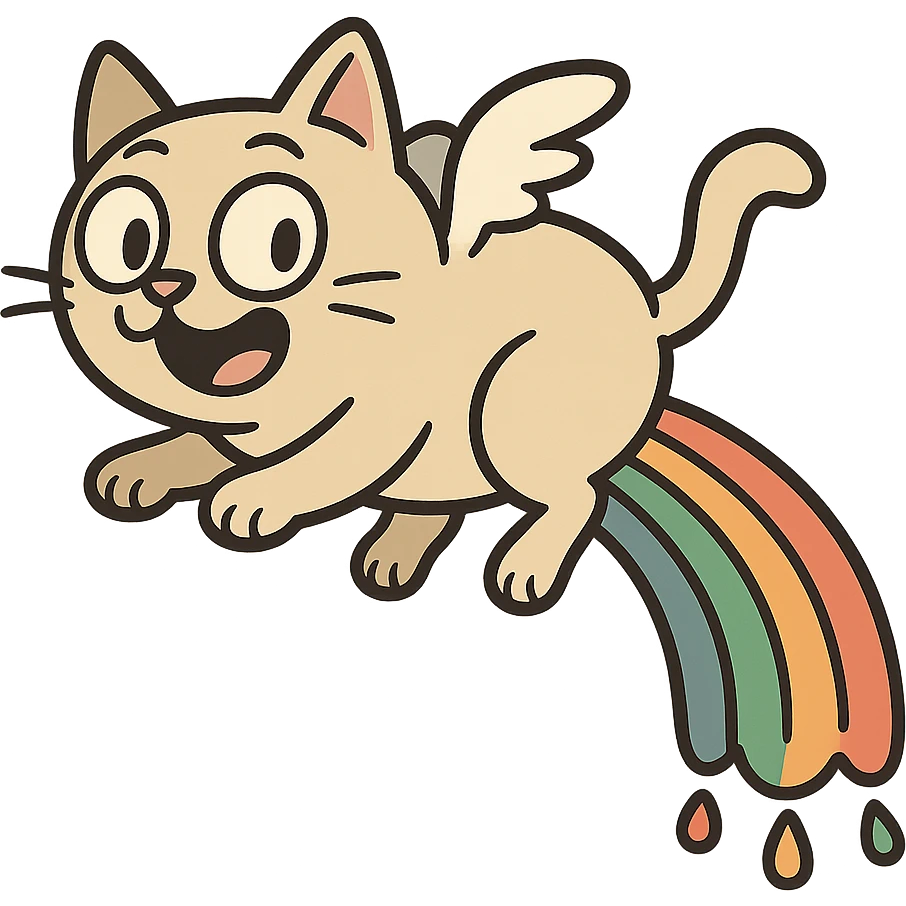 flat toon style flying cat pooping rainbows emoji