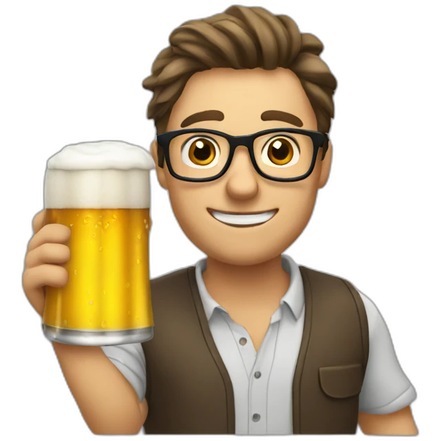 slightly drunk nerd with a beer waving emoji