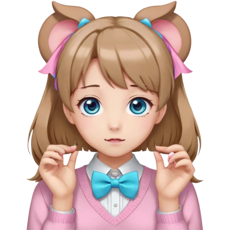 Neuro-sama, AI Vtuber, light-brown hair, blue big round eyes, anime style, pink bow ties in hair, blushing, cute, cyan bow tie on neck, beige sweater, pig tails, white heart hair clip, emoji