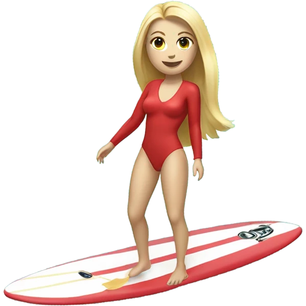 A young women with blond hair a red long sleeve and red bikini bottoms surfing on a turquoise surfboard with a white line on the surf board emoji
