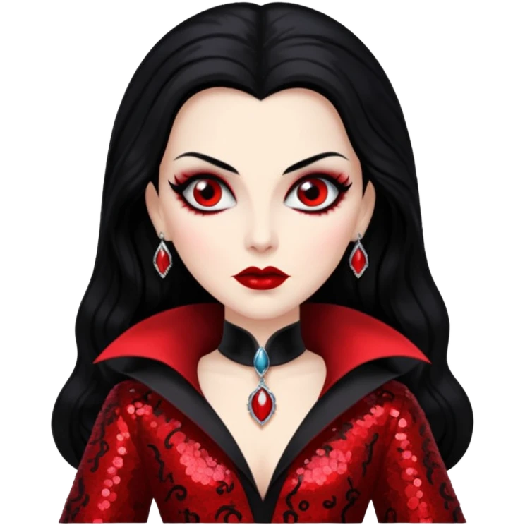 Countess Dracula from Universal Monsters with long jet black hair, black and red sequin outfit  emoji