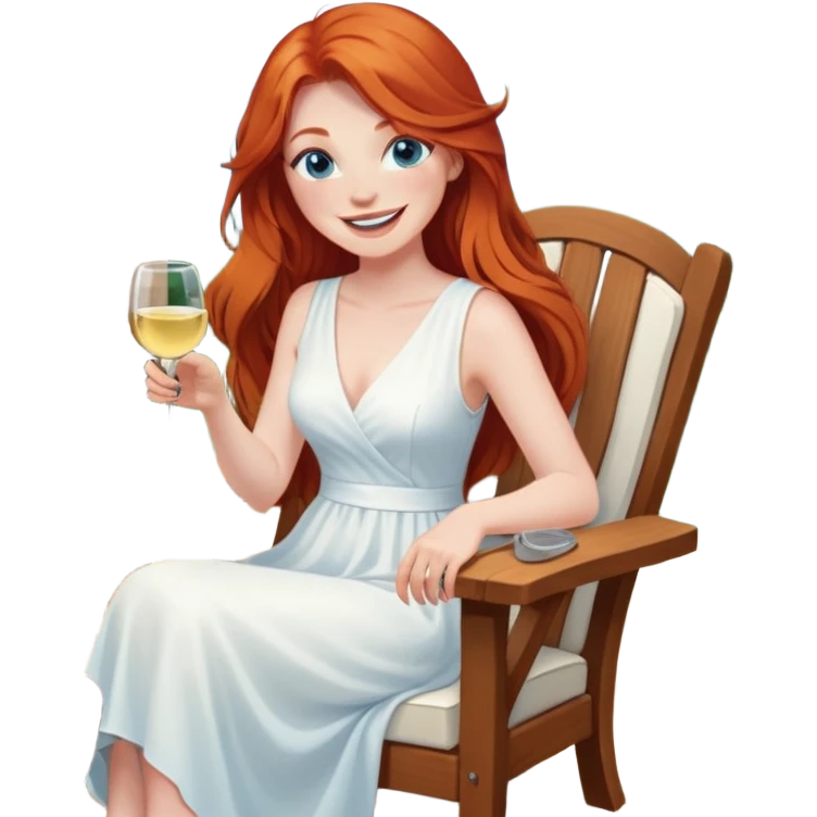 Laughing redhead with long hair and blue eyes white wine sitting in chair beside fire pit emoji