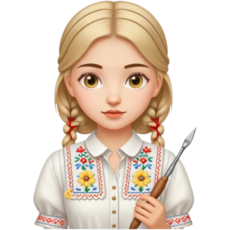 Ukrainian young girl in white embroidered traditional shirt holding needlework tools emoji