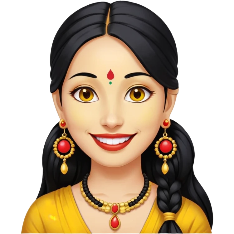 Phụ nữ 35 tuổi, da vàng, tóc buộc dài màu đen, có chấm đỏ bindi trên trán, mặt cười tươi, đeo khuyên tai tròn to bằng vàng, nửa thân trên emoji