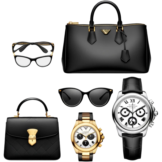 bags and watches, and glasses, all black and white put together like a bundle with no face, all luxury items like lv, prada, and cartier, and rolex, but one of everything not two emoji