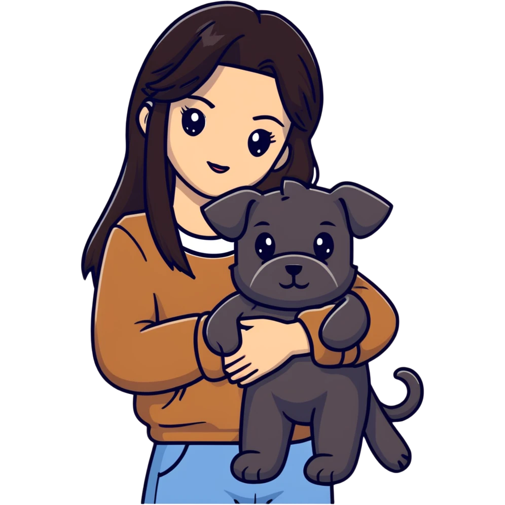 Kendall Jenner with long dark hair holding a brown teddy bear, a black schnauzer and a cow cat in her arms emoji