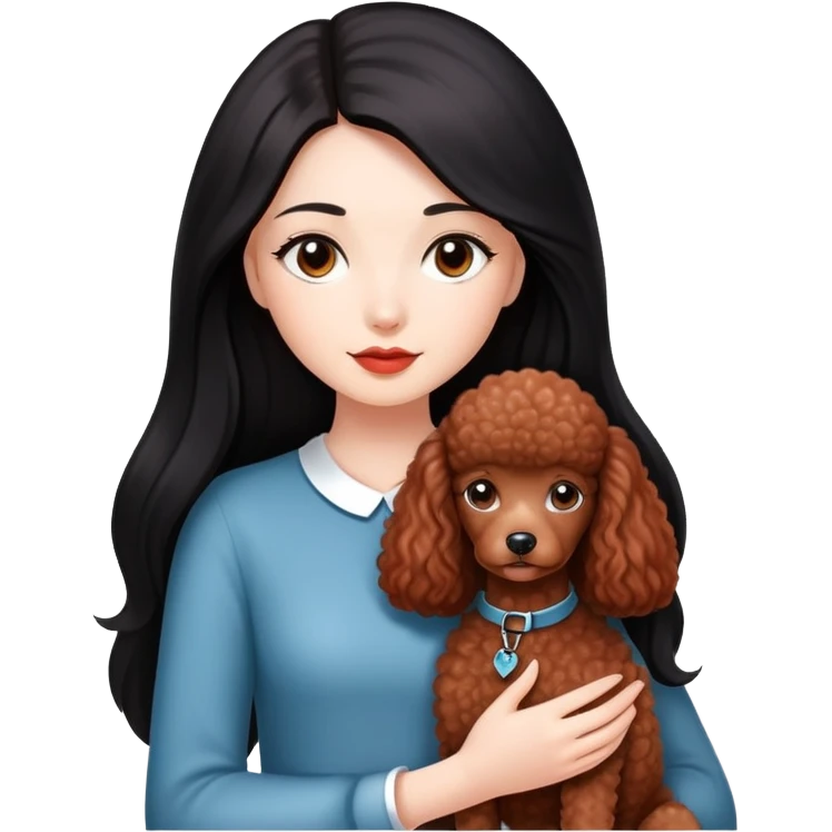 A beautiful girl with fair skin has long straight black hair and a miniature reddish-brown Poodle. emoji
