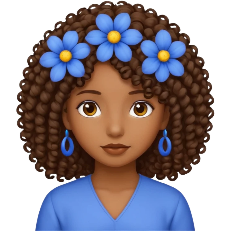 Qro uma moça morena de cabelo cacheado com uma flor azul no cabelo emoji