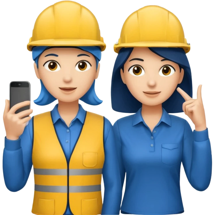 Um homem e uma mulher amarelos com capacete azul escuro e camisa social cinza. Um deles deve estar segurando um megafone  emoji