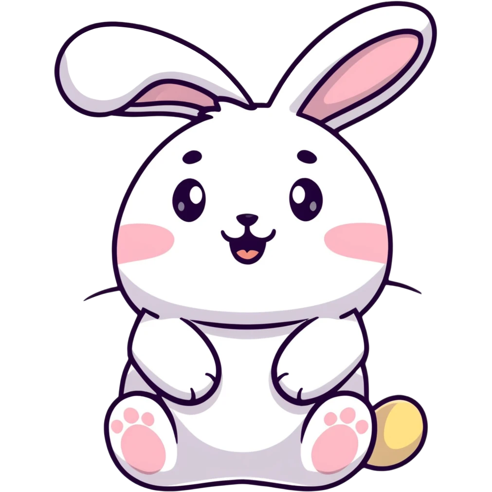 full-body plush toy bunny character with big round head, floppy ears, expressive cute eyes, laughing with closed eyes and little tears, soft kawaii pastel colors, hand-drawn Japanese stationery style kawaii sticker emoji