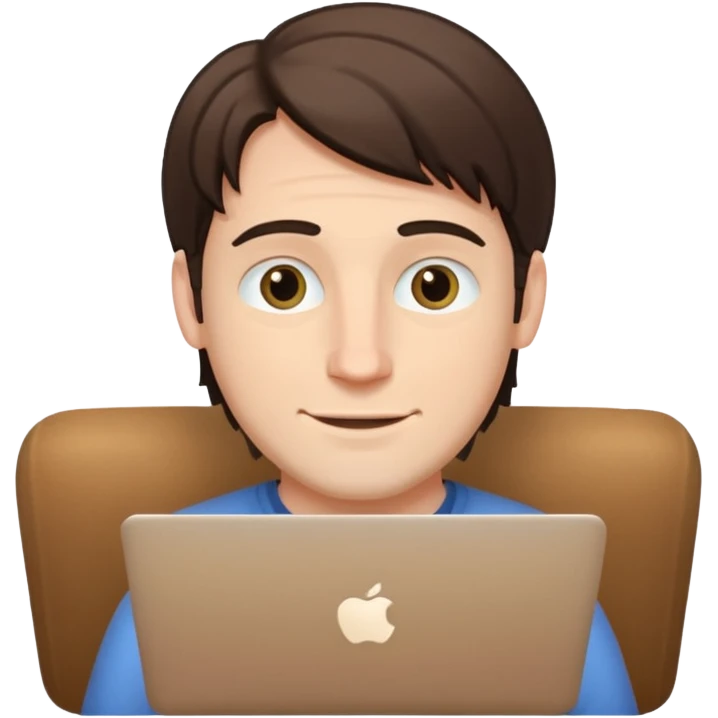A white man in his mid 20s, middle part average dude with slightly droopy eyes, happy, using a MacBook (no logo), hero for an iOS developers website emoji