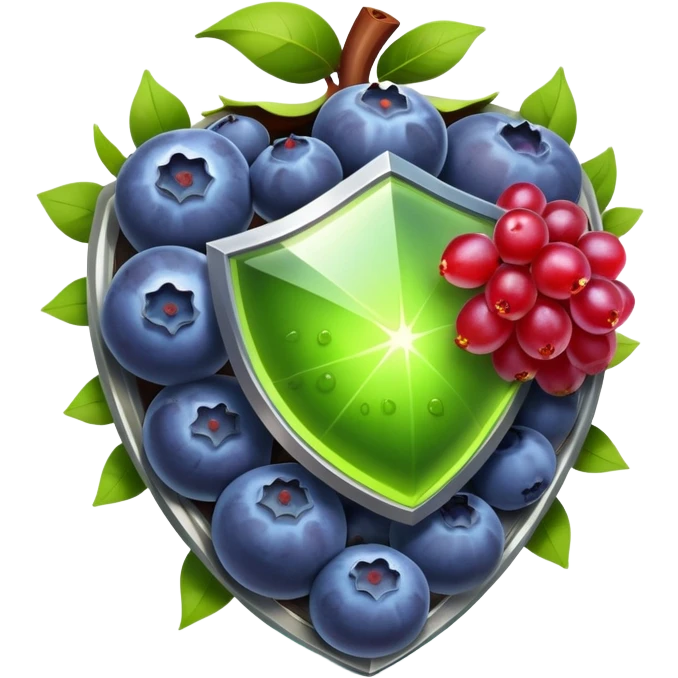 Antioxidant-rich foods (blueberries, pomegranate, grapes, dark chocolate, green tea) surrounded by a powerful, bright protective shield. The shield emits intense rays that destroy dark particles of free radicals, creating a strong protective barrier around body cells. emoji