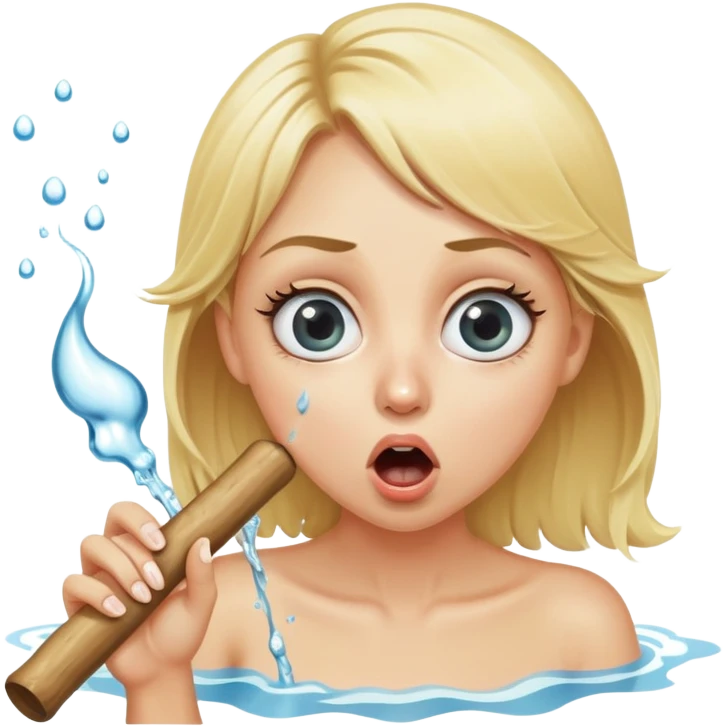 blond woman with wide eyes, holding a wide skin-colored stick with a prominent round knob on the edge, water squirting from the knob into her mouth, shocked face emoji