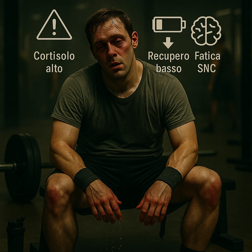 Add floating symbols above the head with Italian text: 'Cortisolo alto', 'Recupero basso', 'Fatica SNC'. The style should be raw cinematic with muted colors and dramatic lighting. The symbols must be clear and legible. emoji