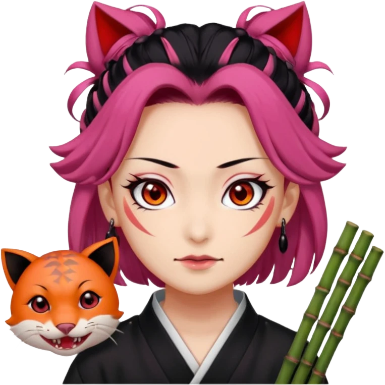 tanjiro: Kind red eyes, black hair with burgundy tips, forehead scar, tanned skin, Hanafuda earrings.                             nezuko:   Pink eyes, black-orange hair, fangs, bamboo muzzle. emoji