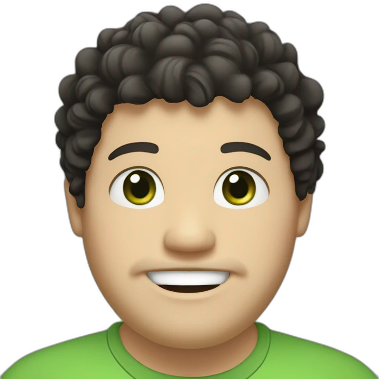 chubby, white man, black curly hair, green eyes, goatee, medium lips, smiling emoji